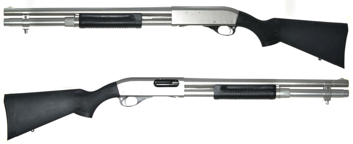 Two views of a pump-action shotgun with a silver metallic receiver and barrel, black textured grip, and black synthetic stock and forend, shown on a plain white background.