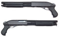 A black pump-action shotgun shown from two different angles (top and side views) against a plain white background.