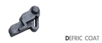 Metallic clip with 'DEFRIC COAT' branding on a white background