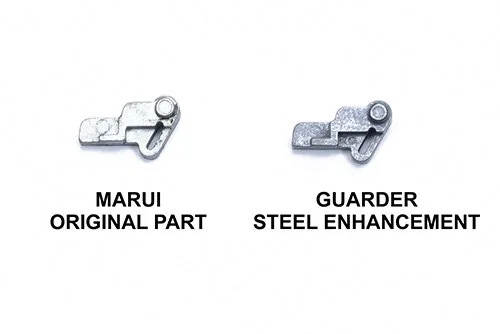 Two metal parts labeled 'Marui Original Part' and 'Guarder Steel Enhancement' on a white background.