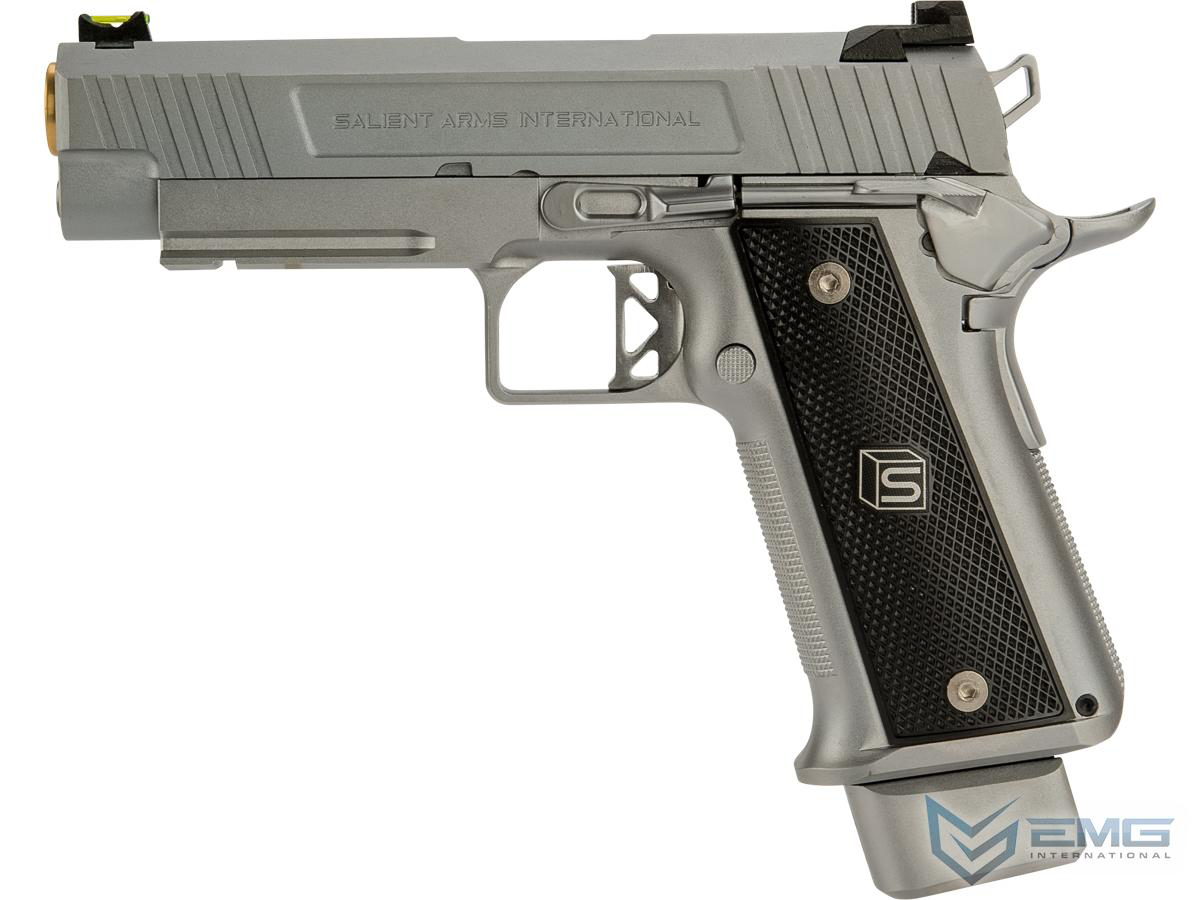 Silver handgun with black grip on a white background
