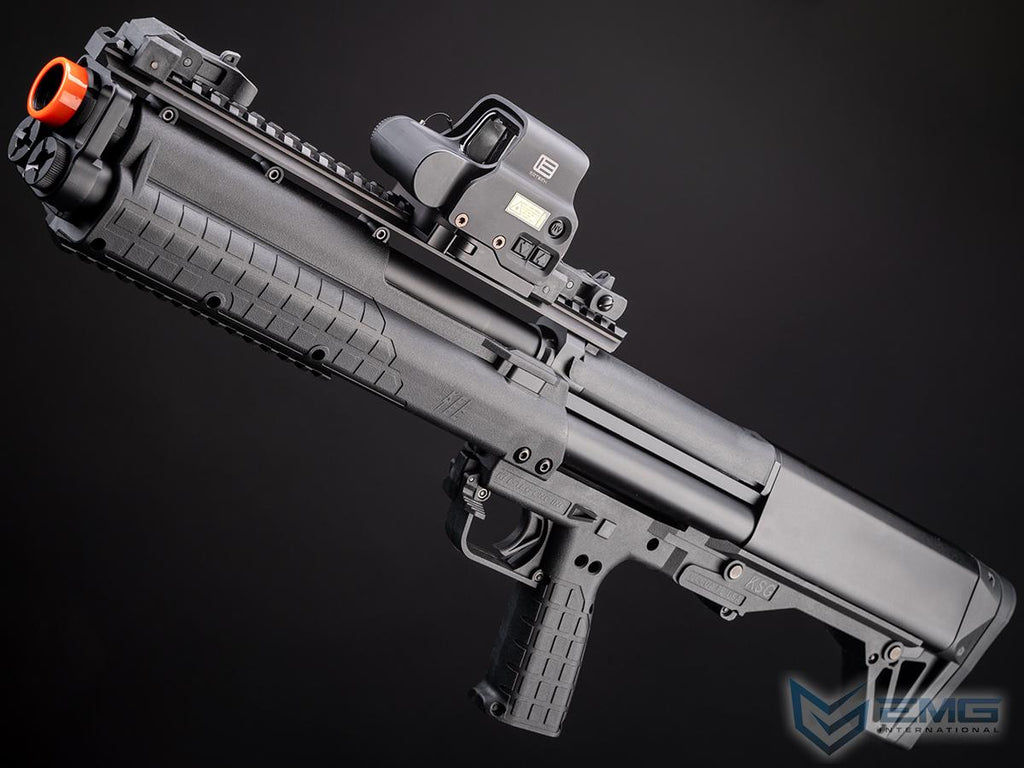 Black rifle with mounted equipment on a dark background