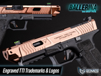 Two airsoft pistols with engraved TTI trademarks and logos on a black background, featuring the Ballerina brand.