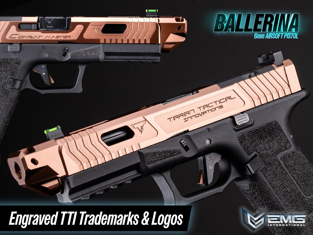Two airsoft pistols with engraved TTI trademarks and logos on a black background, featuring the Ballerina brand.