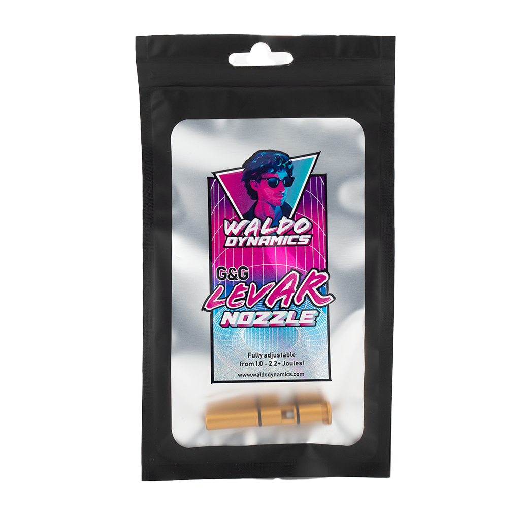Waldo Dynamics Levar Nozzle packaging with a retro-style design on a white background
