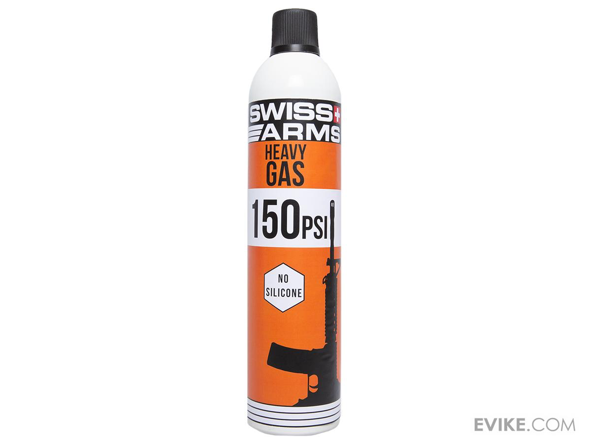 A can of Swiss Arms Heavy Gas 150 PSI No Silicone green gas, featuring a white and orange label with a black cap, shown on a white background.