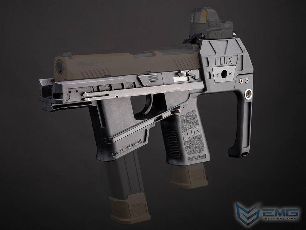 A FLUX tactical airsoft pistol in matte black, shown from a three-quarters angle against a dark gray background. The pistol features a tan slide, tan magazine bases, and a gray frame and grip.