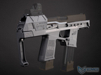 A tactical submachine gun replica or airsoft pistol in matte gray and black, featuring a vertical foregrip, adjustable stock, and two attached magazines, shown against a dark gray studio background.