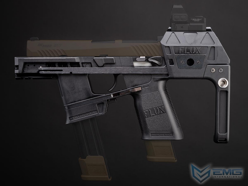A black and dark brown Flux tactical pistol shown in a side profile against a dark gray background, with an additional magazine inserted below it. The Flux brand name is embossed on the grip and slide, and an EMG International logo is visible in the bottom right corner.