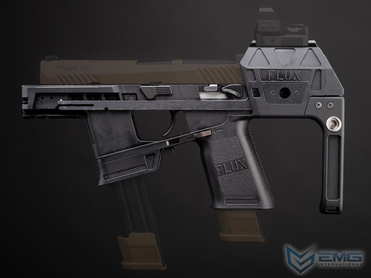 A black and dark brown Flux tactical pistol shown in a side profile against a dark gray background, with an additional magazine inserted below it. The Flux brand name is embossed on the grip and slide, and an EMG International logo is visible in the bottom right corner.