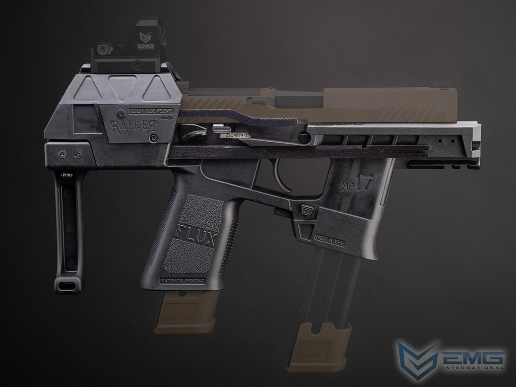 A 3D render of a tactical submachine gun replica, specifically a Flux RP17 with a Railgun attachment and a Trijicon Red Dot sight, shown against a dark gray gradient background.
