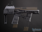 A 3D render of a tactical submachine gun replica, specifically a Flux RP17 with a Railgun attachment and a Trijicon Red Dot sight, shown against a dark gray gradient background.