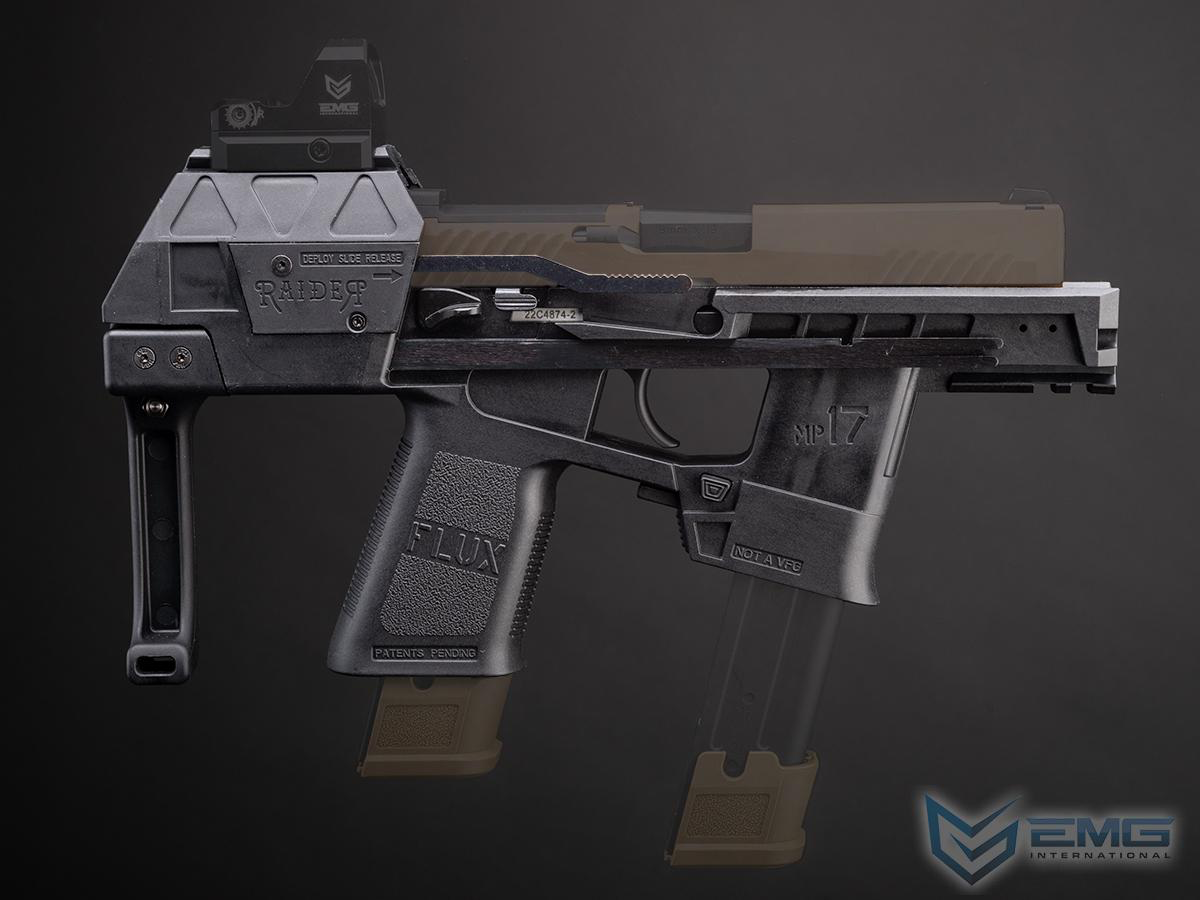 A 3D render of a tactical submachine gun replica, specifically a Flux RP17 with a Railgun attachment and a Trijicon Red Dot sight, shown against a dark gray gradient background.