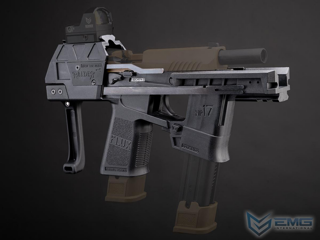 A tactical airsoft submachine gun replica, specifically a FLUX 
RAIDER, shown in matte black and coyote brown/tan. It is equipped with a mounted red dot sight and a suppressor, photographed against a dark gray studio background with a visible EMG International watermark in the corner.