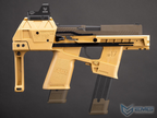 An Airsoft FLUX raider in tan and, featuring an optic, textured grip, and dual magazines, shown against a dark gray background.