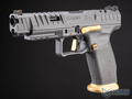Gray handgun with gold accents on a black background