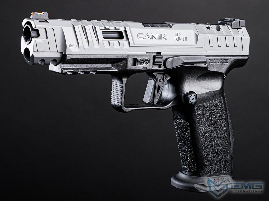 Gray handgun with 'Canik' branding on a black background