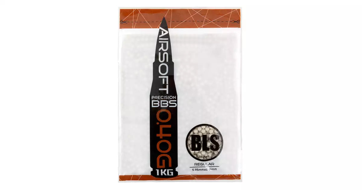 Packaging of BLS airsoft BBs with branding on a white background