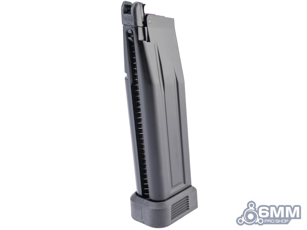 Black airsoft magazine on a white background with '6MM' branding.
