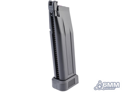 Black airsoft magazine on a white background with '6MM' branding.