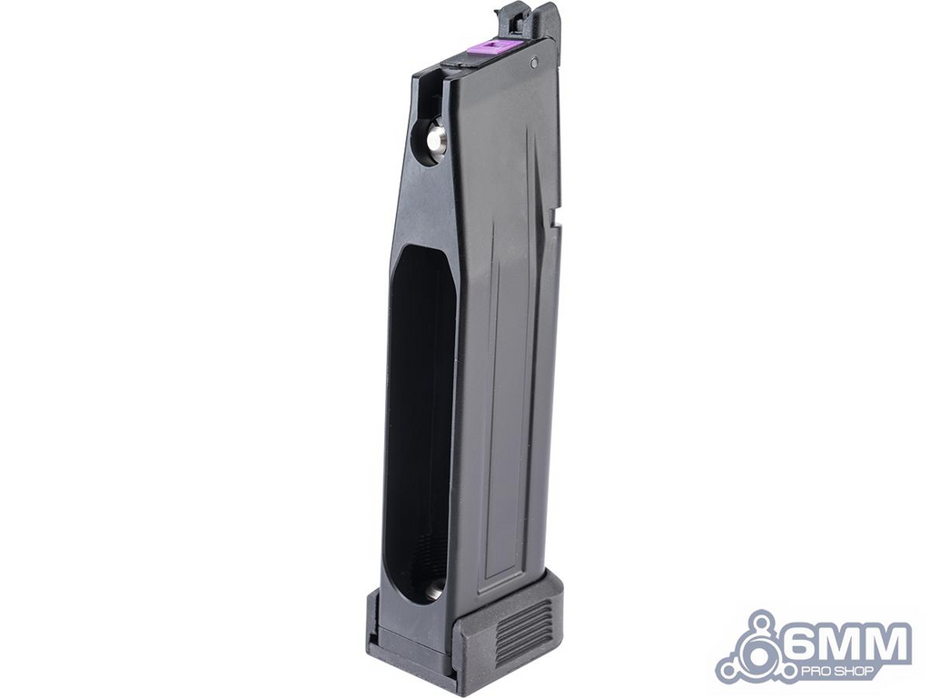 Black magazine for a firearm on a white background with '6MM' branding.