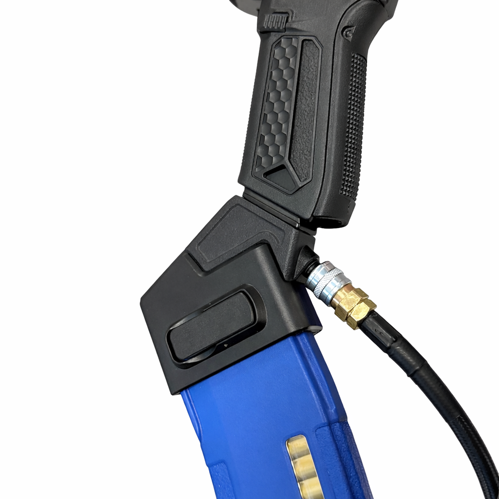 Close-up of a blue and black pressure washer gun on a white background