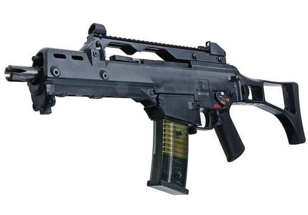 Black G36C rifle with a magazine on a white background