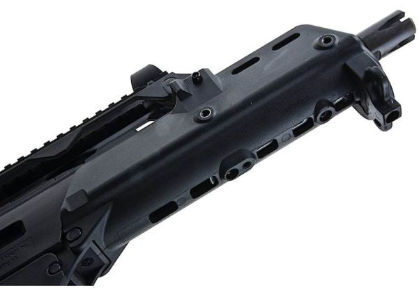 Close-up of a black tactical rifle receiver and handguard with a mounted sight, shown against a plain white background.