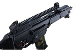 A close-up of a black tactical rifle or airsoft gun with a ridged foregrip, adjustable stock, and a visible green-and-black magazine, shown against a plain white background.