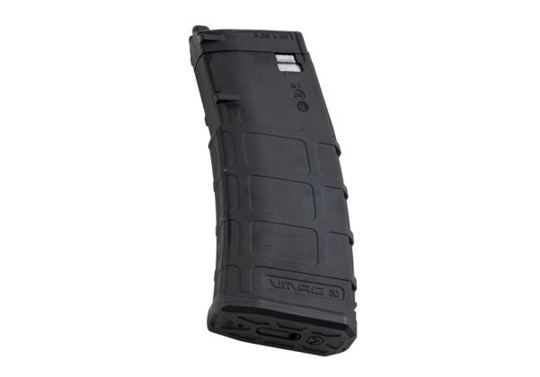 Black VFC VMAG V4 30-round airsoft gas magazine angled view showing moulded grip panels and base plate.