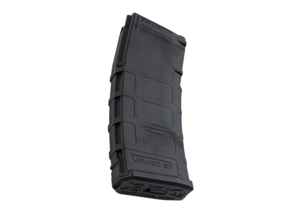 Black VFC VMAG V4 airsoft gas magazine opposite side view with moulded ribs and VMAG markings.