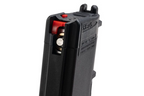 Black VFC VMAG V4 airsoft gas magazine upper rear close-up showing red component and silver release valve.