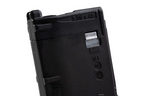 Black VFC VMAG V4 airsoft gas magazine upper side close-up showing silver latch and moulded markings.