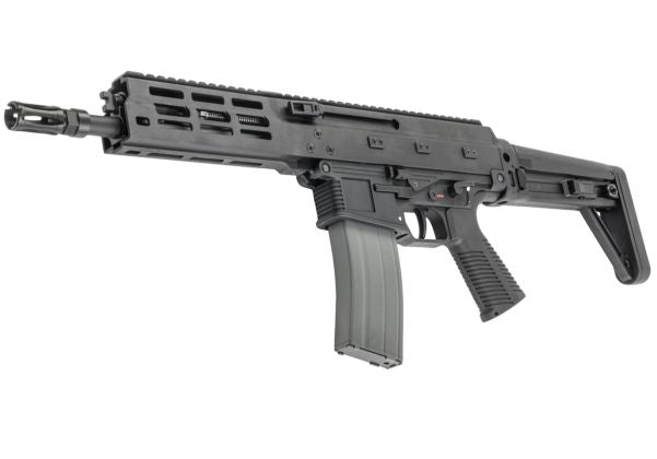 Maruyama/VFC ISO556 black gas blowback airsoft rifle, angled left view with slotted handguard and grey magazine.