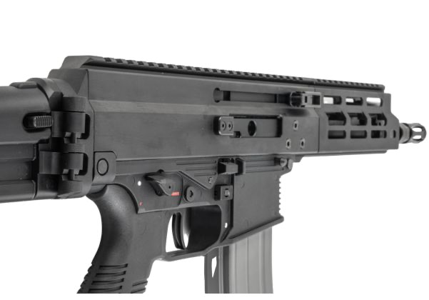 Maruyama/VFC ISO556 airsoft rifle rear-right close-up showing receiver, charging handle, selector and handguard.