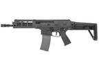 Left-side profile of black Maruyama/VFC ISO556 airsoft rifle with extended stock, slotted handguard and magazine.
