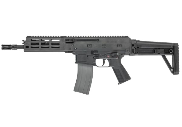 Left-side profile of black Maruyama/VFC ISO556 airsoft rifle with extended stock, slotted handguard and magazine.