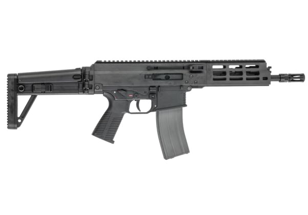 Right-side profile of black Maruyama/VFC ISO556 airsoft rifle showing ejection port, extended stock and magazine.
