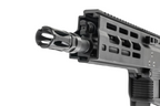 Maruyama/VFC ISO556 airsoft rifle muzzle close-up showing slotted flash hider, vented handguard and top rail.