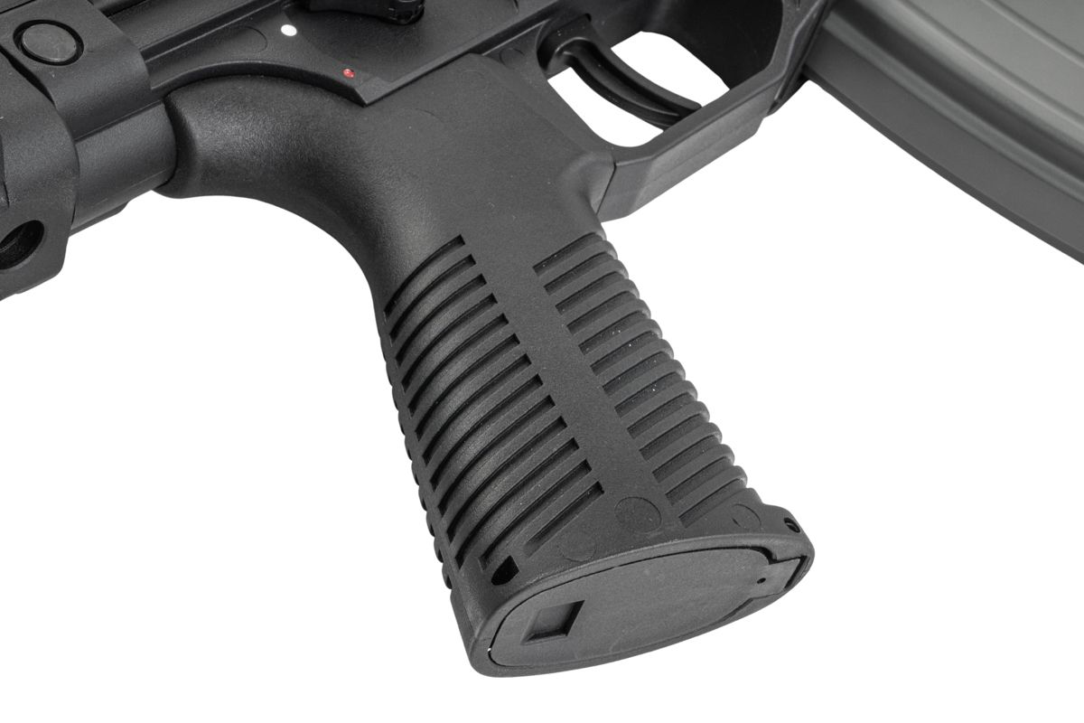 Maruyama/VFC ISO556 airsoft rifle pistol grip close-up showing horizontal ribs, base plate and trigger guard.