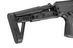 Maruyama/VFC ISO556 airsoft rifle extended stock close-up showing cheek rest, adjustment slider and ribbed buttpad.