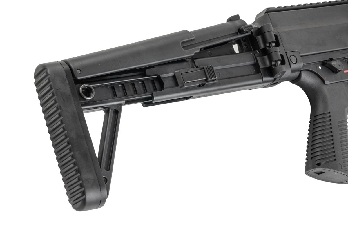 Maruyama/VFC ISO556 airsoft rifle extended stock close-up showing cheek rest, adjustment slider and ribbed buttpad.