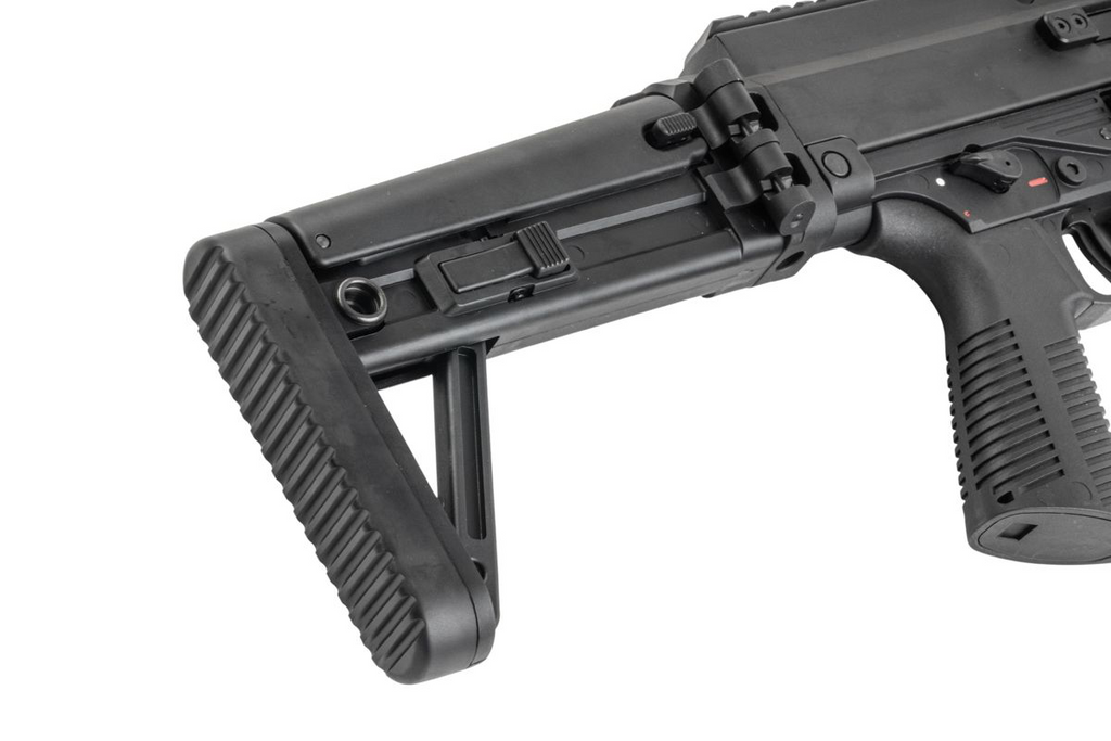 Maruyama/VFC ISO556 airsoft rifle shortened stock close-up showing adjustment slider, folding hinge and buttpad.