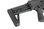 Maruyama/VFC ISO556 airsoft rifle shortened stock close-up showing adjustment slider, folding hinge and buttpad.