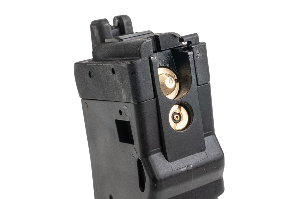 Golden Eagle MPX-K airsoft gas magazine top rear close-up showing brass release and fill valves.