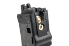 Golden Eagle MPX-K airsoft gas magazine top rear close-up showing brass release and fill valves.
