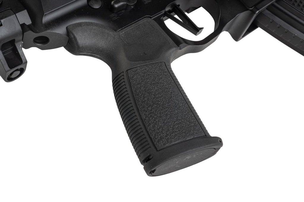 Golden Eagle MPX-K airsoft pistol grip close-up showing textured panels, ribbed front strap and trigger guard.