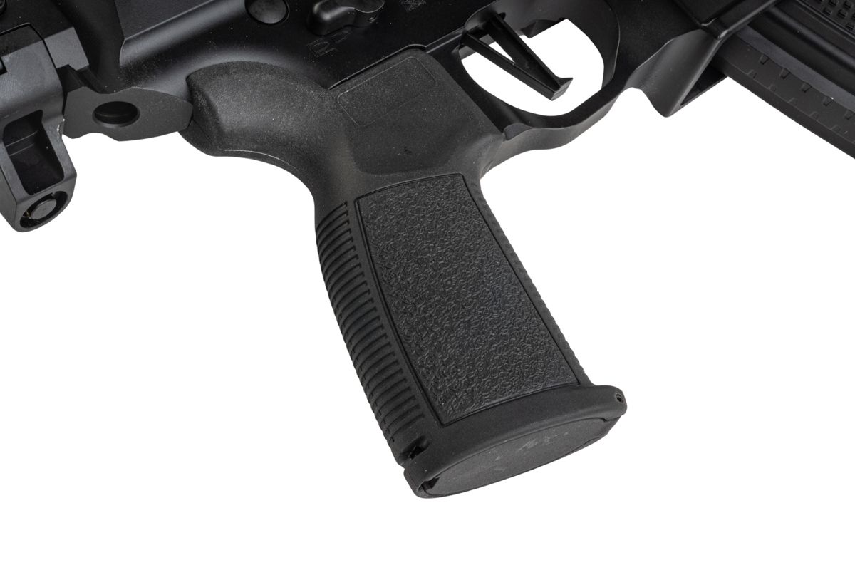 Golden Eagle MPX-K airsoft pistol grip close-up showing textured panels, ribbed front strap and trigger guard.