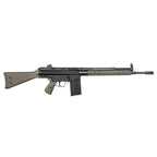 A HK G3 rifle with a matte black receiver and magazine, and a tan/green-brown stock and hand-guard, shown in profile against a solid white background.