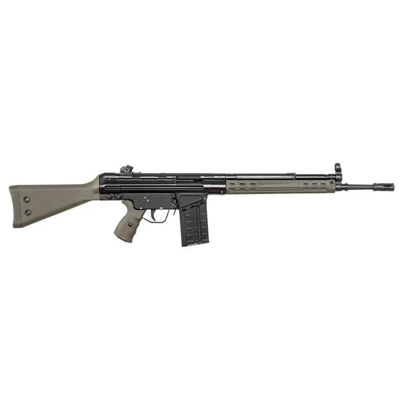 A HK G3 rifle with a matte black receiver and magazine, and a tan/green-brown stock and hand-guard, shown in profile against a solid white background.